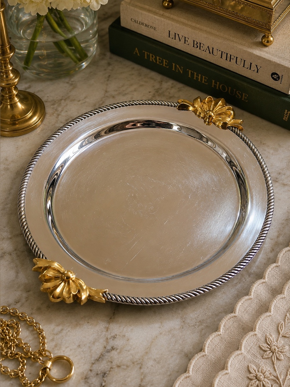 Vintage Oneida Silverplated Round 15.5” Tray with Gold Bows and Rope Edge